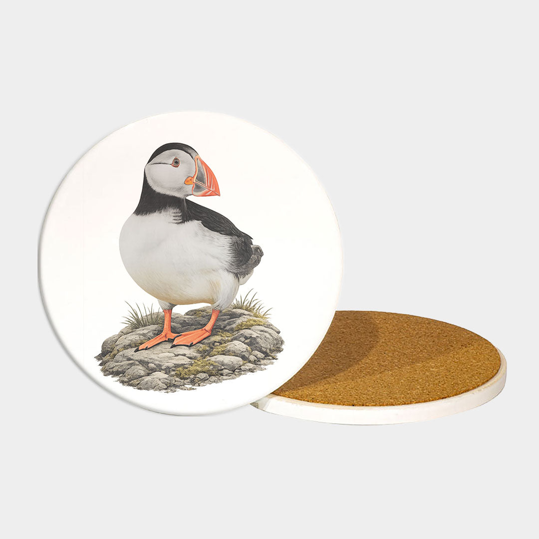 Ceramic Coaster Round 4.2 inch - Adorable puffin artwork design displayed on circular ceramic coaster with protective cork bottom