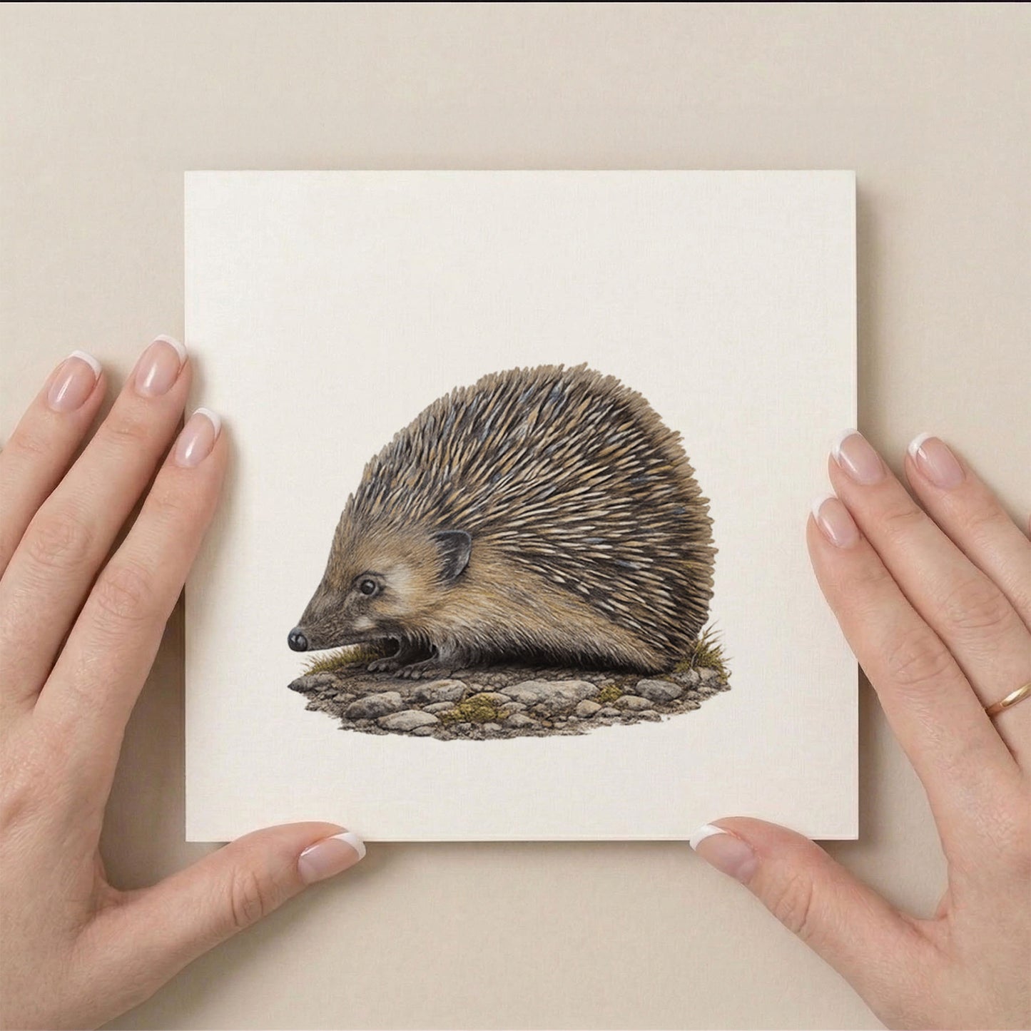 Hedgehog Greetings Card 6x6 Pack of 10 - Single card showing blank interior with hedgehog illustration visible on front in natural woodland setting