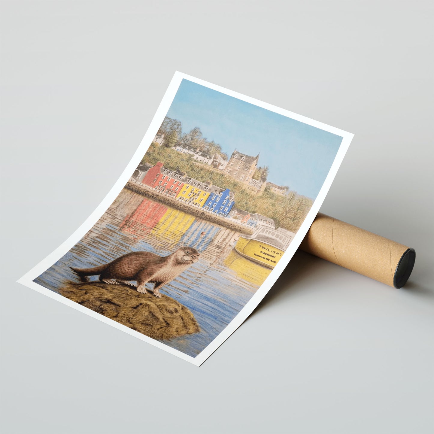 Premium Smooth Cotton Rag 315gsm A4 - Playful otter artwork featuring Scottish wildlife in muted earth tones and naturalistic style on cotton rag print