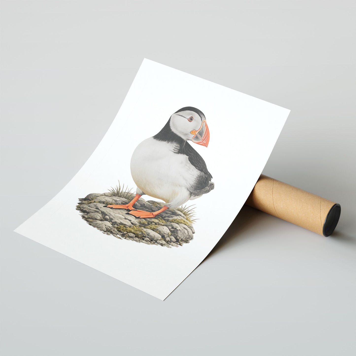 Fine Art Print A4 Smooth Cotton Rag - Serene coastal bird art print featuring puffin on weathered rocks