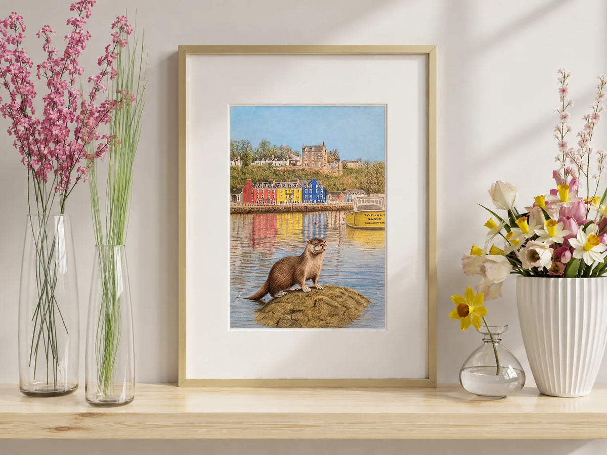 Premium Smooth Cotton Rag A3 - Charming Tobermory otter artwork with vibrant harbour buildings, reflections in water, and clear blue sky, printed on quality cotton rag paper