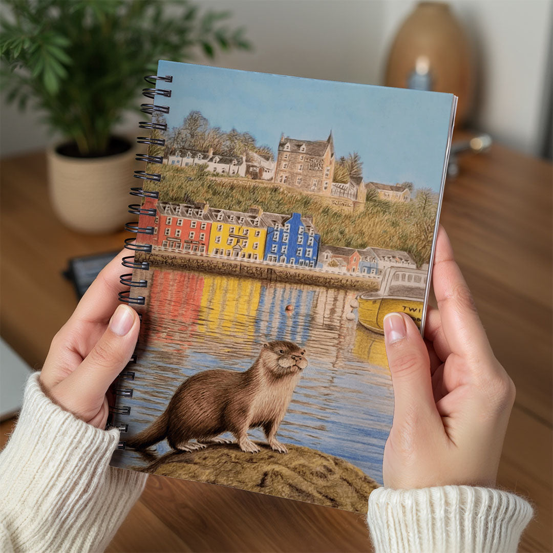 Spiral Notebook A5 - Playful otter artwork on notebook cover in soft natural tones and watercolor style