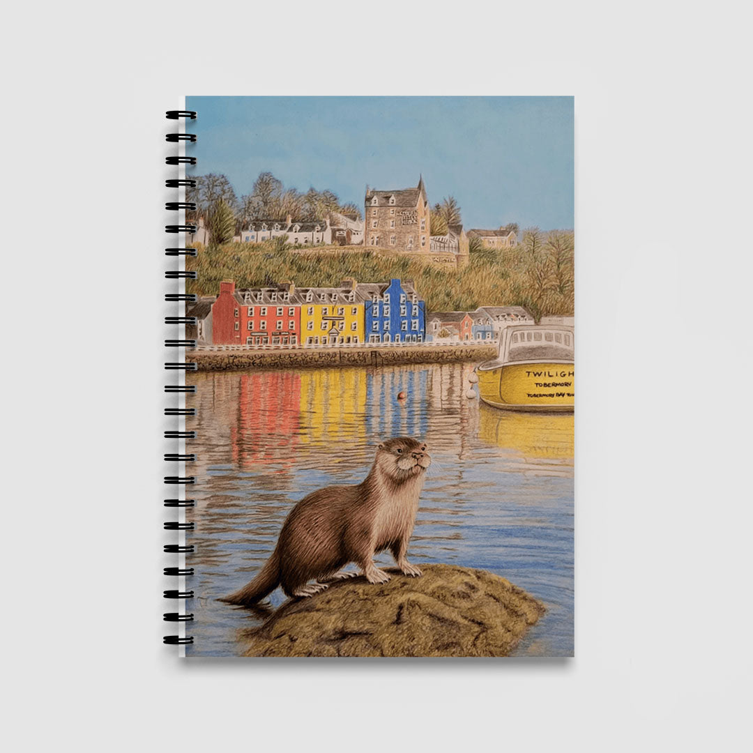Spiral Notebook A5 - Close-up of otter design showing detailed features and peaceful bay landscape background