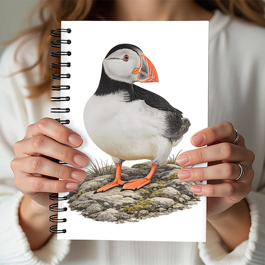 Spiral Notebook A5 - Charming puffin illustration with colorful plumage on notebook cover