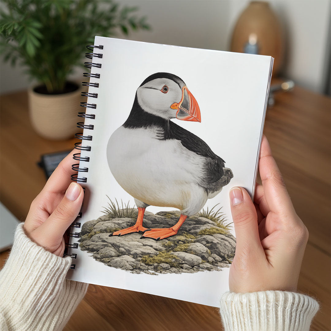 Spiral Notebook A5 - Cute puffin character design printed on front cover in bright colors