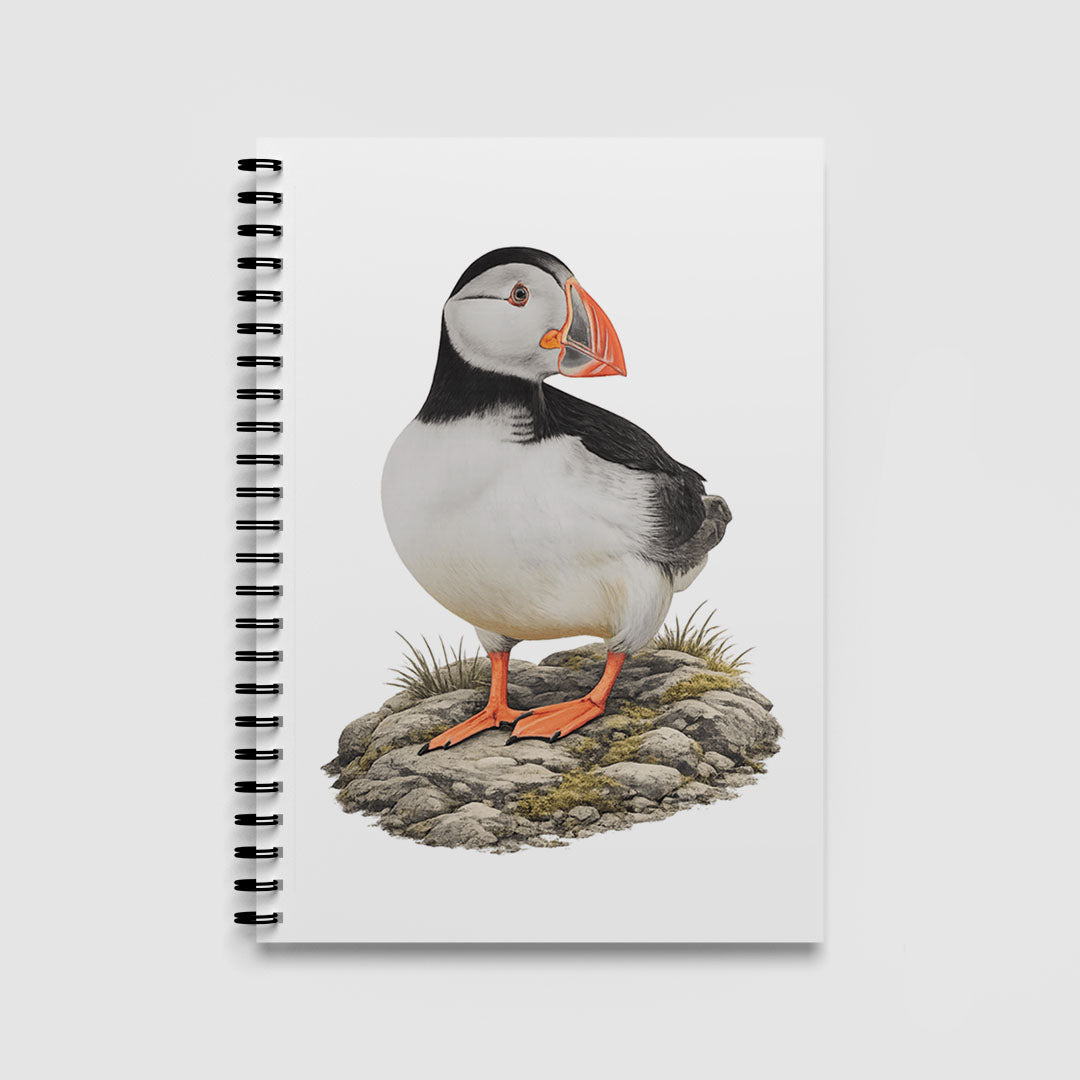 Spiral Notebook A5 - Adorable sitting puffin artwork with whimsical style on cream background
