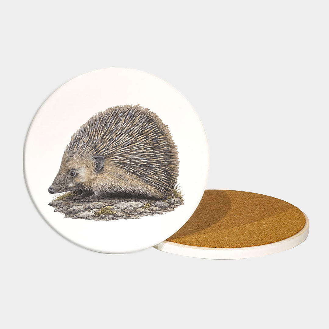 Ceramic Coaster Round 10.7cm - Woodland-inspired hedgehog print with natural earthy colors on protective cork-backed coaster