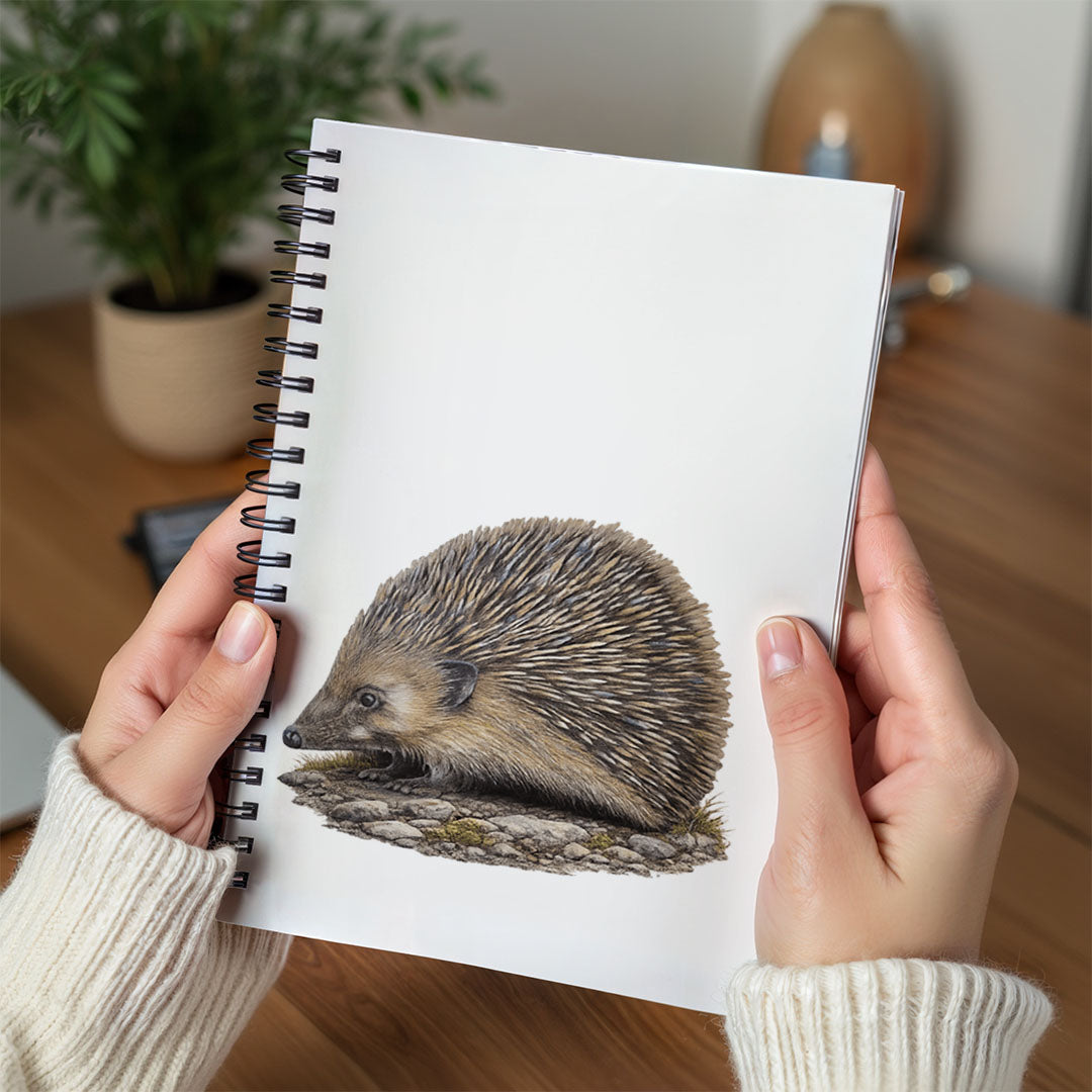 Spiral Notebook A5 - Cute hedgehog illustration featuring the animal in natural woodland setting with earthy colors