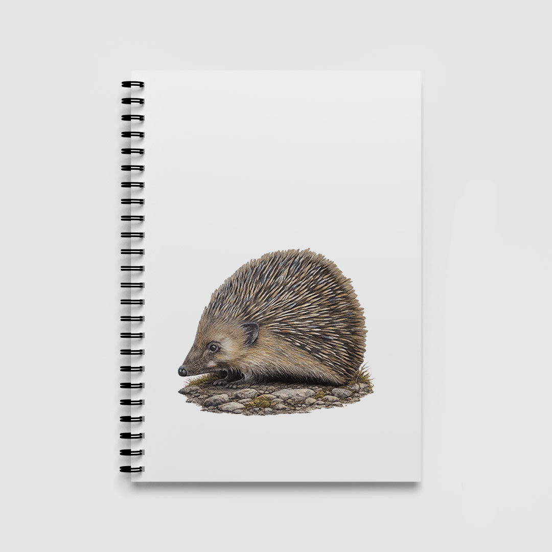 Spiral Notebook A5 - Whimsical hedgehog character art with muted earth tones on front of spiral notebook