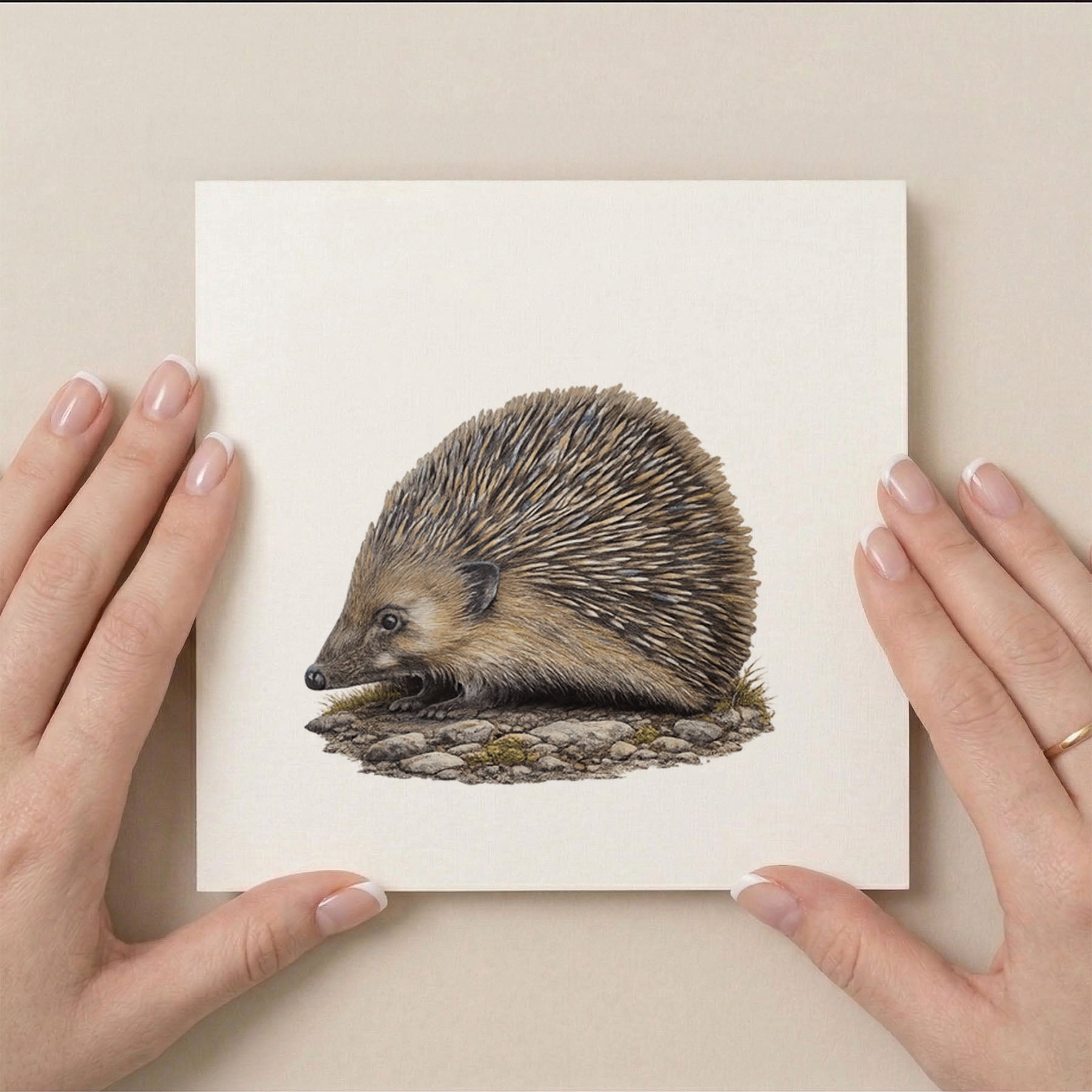 Hedgehog Square Greetings Card 6x6 Inch - Greeting card with envelope showing delicate garden hedgehog artwork on uncoated cardstock