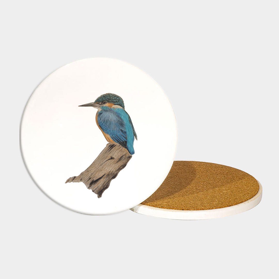 Kingfisher Round Coaster 4.2 inch - Nature-inspired kingfisher illustration in blue, green and warm accent colours