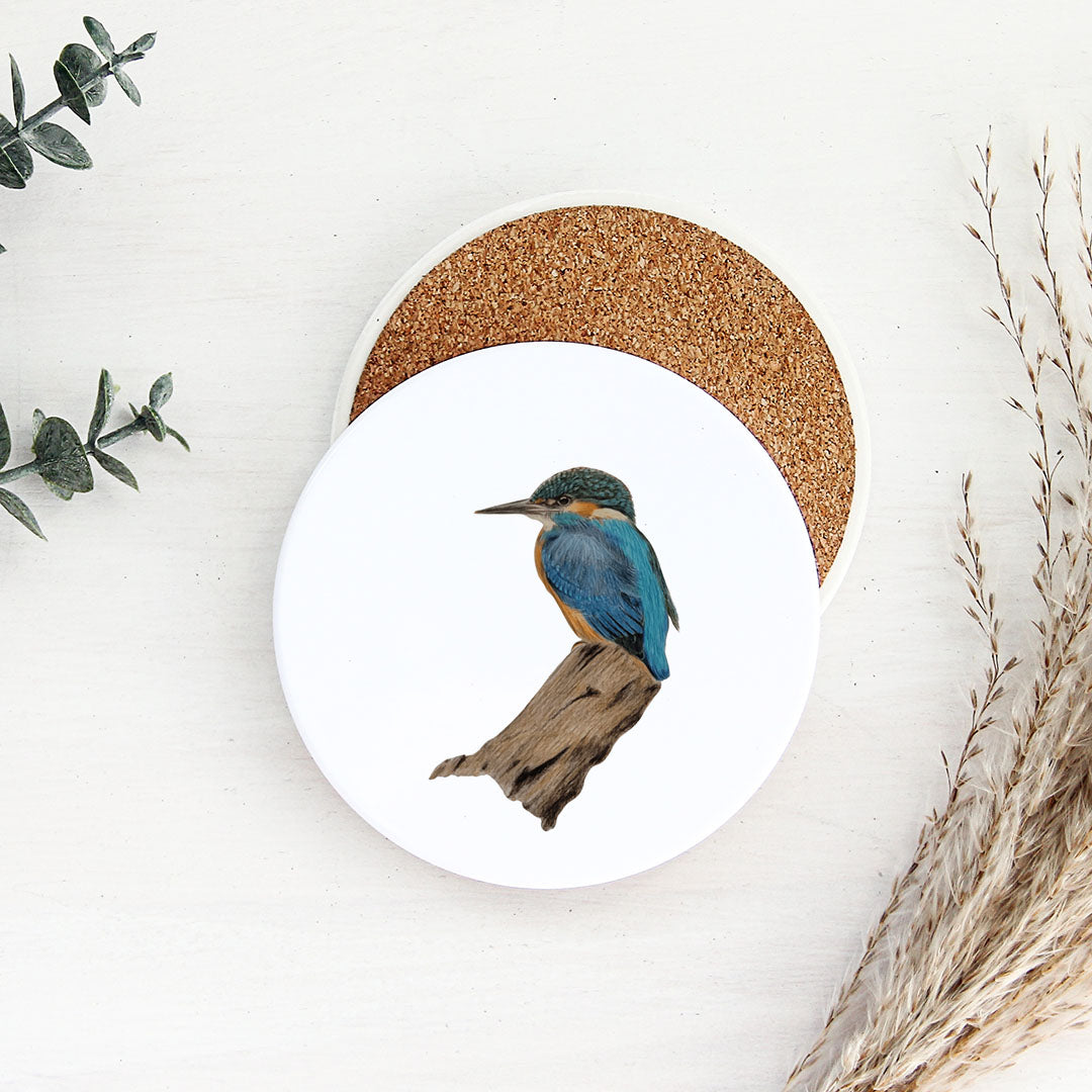 Ceramic Coasters Set of 2 - Vibrant kingfisher with blue wings and rust-colored chest sitting upright on weathered driftwood