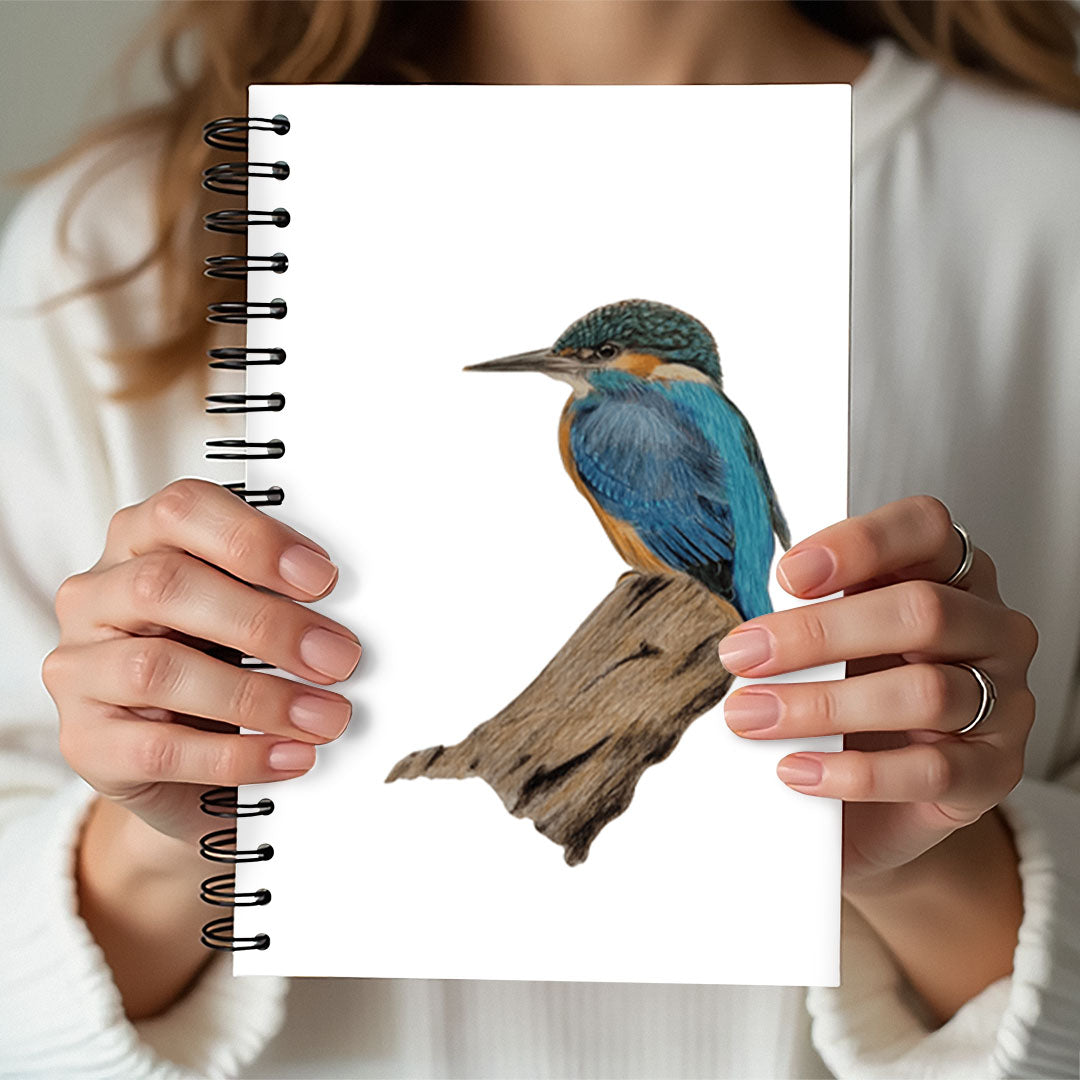 Spiral Notebook A5 - Detailed kingfisher portrait showcasing intricate feather patterns in blue
