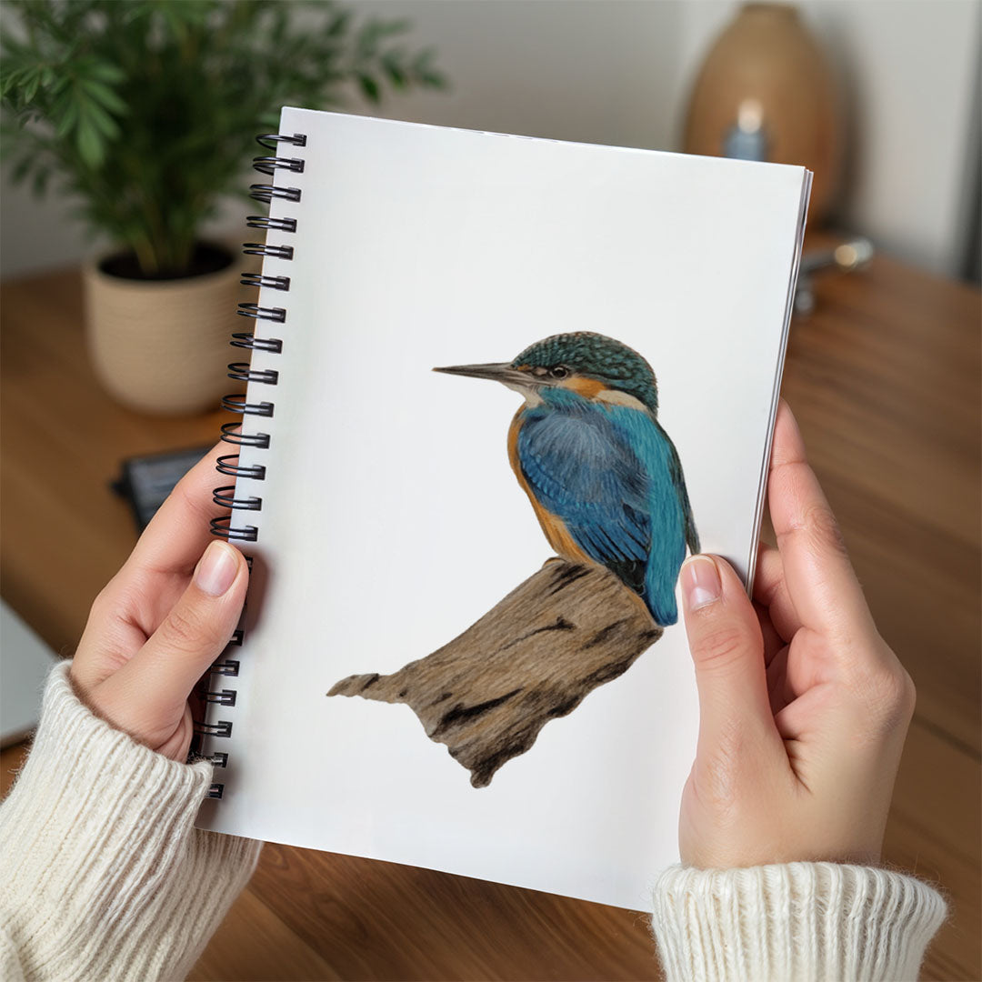 Spiral Notebook A5 - Multiple kingfishers on botanical branches with natural color palette