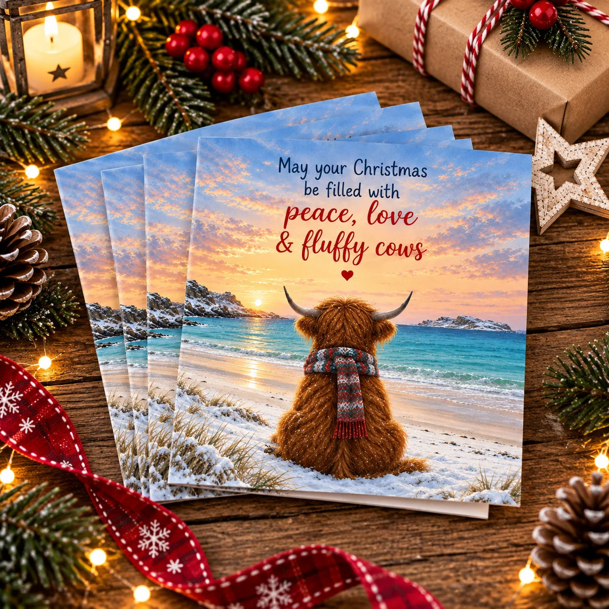 Hebridean Beach Cow Christmas Card, pack of 10 cards