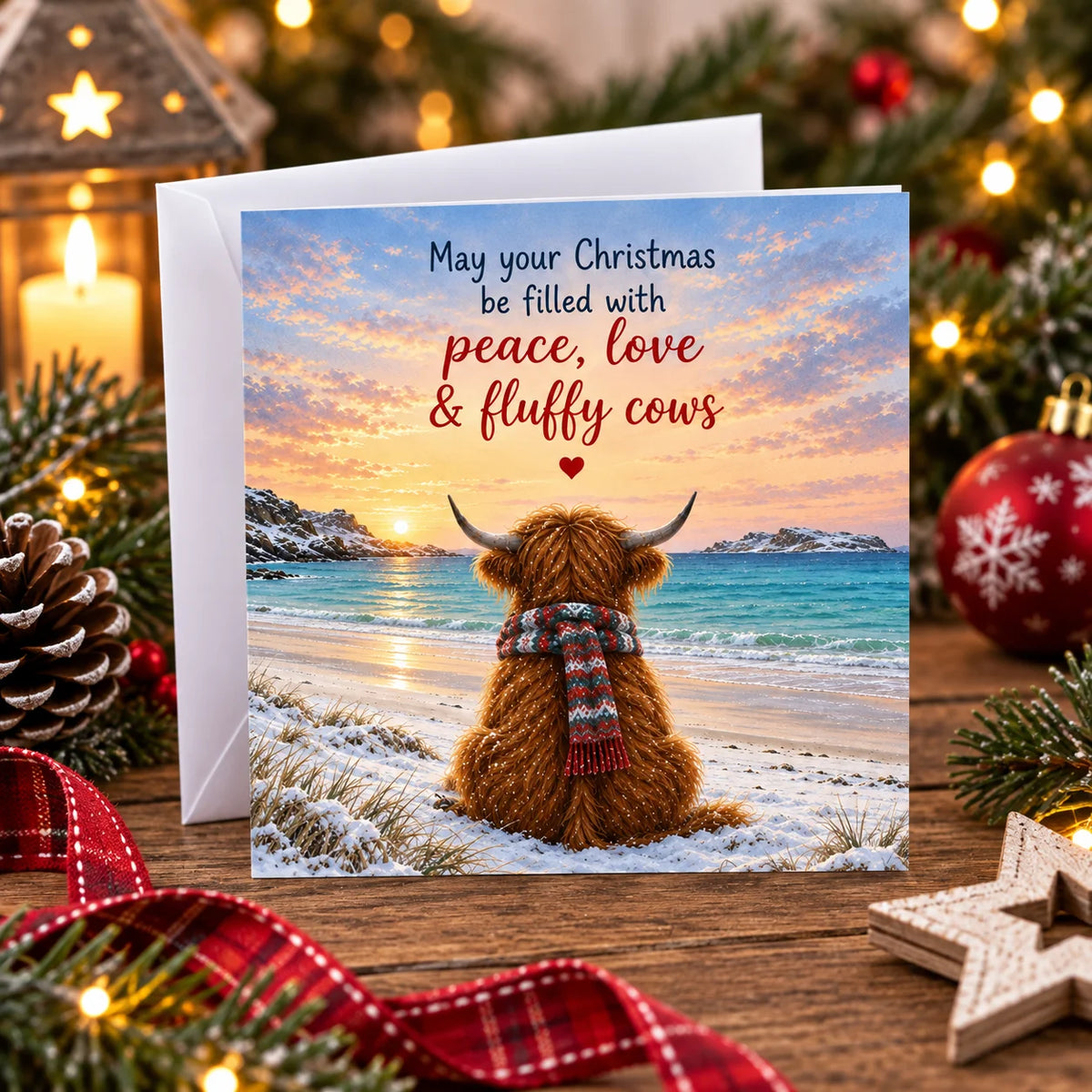 Hebridean Beach Cow Christmas Card, single A6 card
