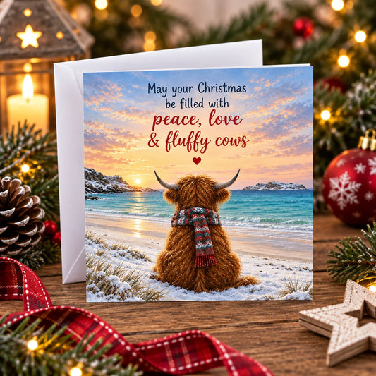 Hebridean Beach Cow Christmas Card, single A6 card