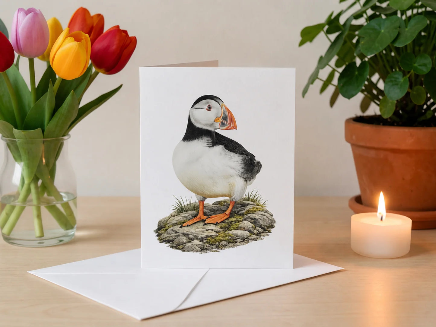Greeting Card A6 Folded - Left side showing Karen Lambie Artist branding and Puffin Rocks title on cream background
