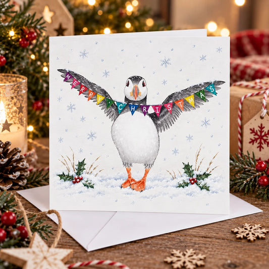 Puffin Christmas Card, single card, 6x6