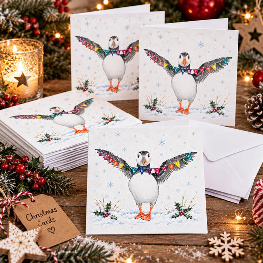 Puffin Christmas Card, pack of 10 cards, 6 x 6