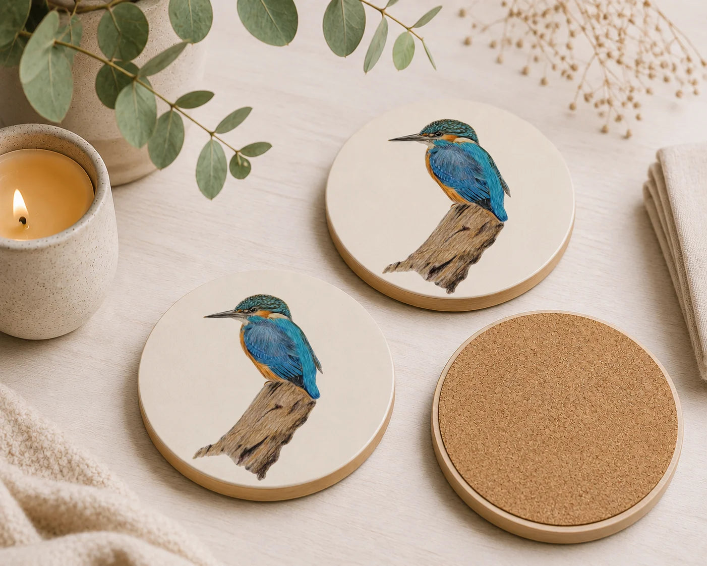 Kingfisher Ceramic Coasters: Set of 2 Round Cork Base