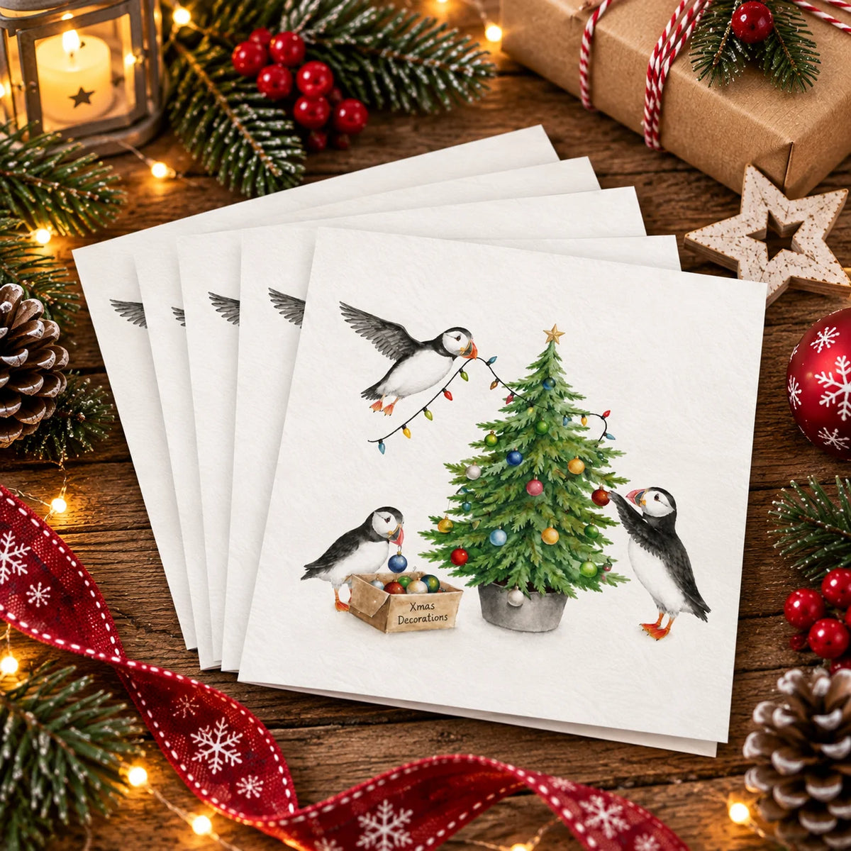 Puffin Around at Christmas Cards, pack of 10, 6x6 cards